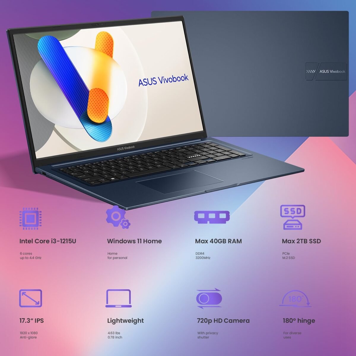 ASUS Vivobook Laptop FHD IPS de 173 pulgadas Intel Core i3 1215U 16 GB de RAM SSD PCIe de 1 TB tipo C HDMI cámara web Bluetooth Wi Fi 6 Windows 11 Home azul Ma boutique