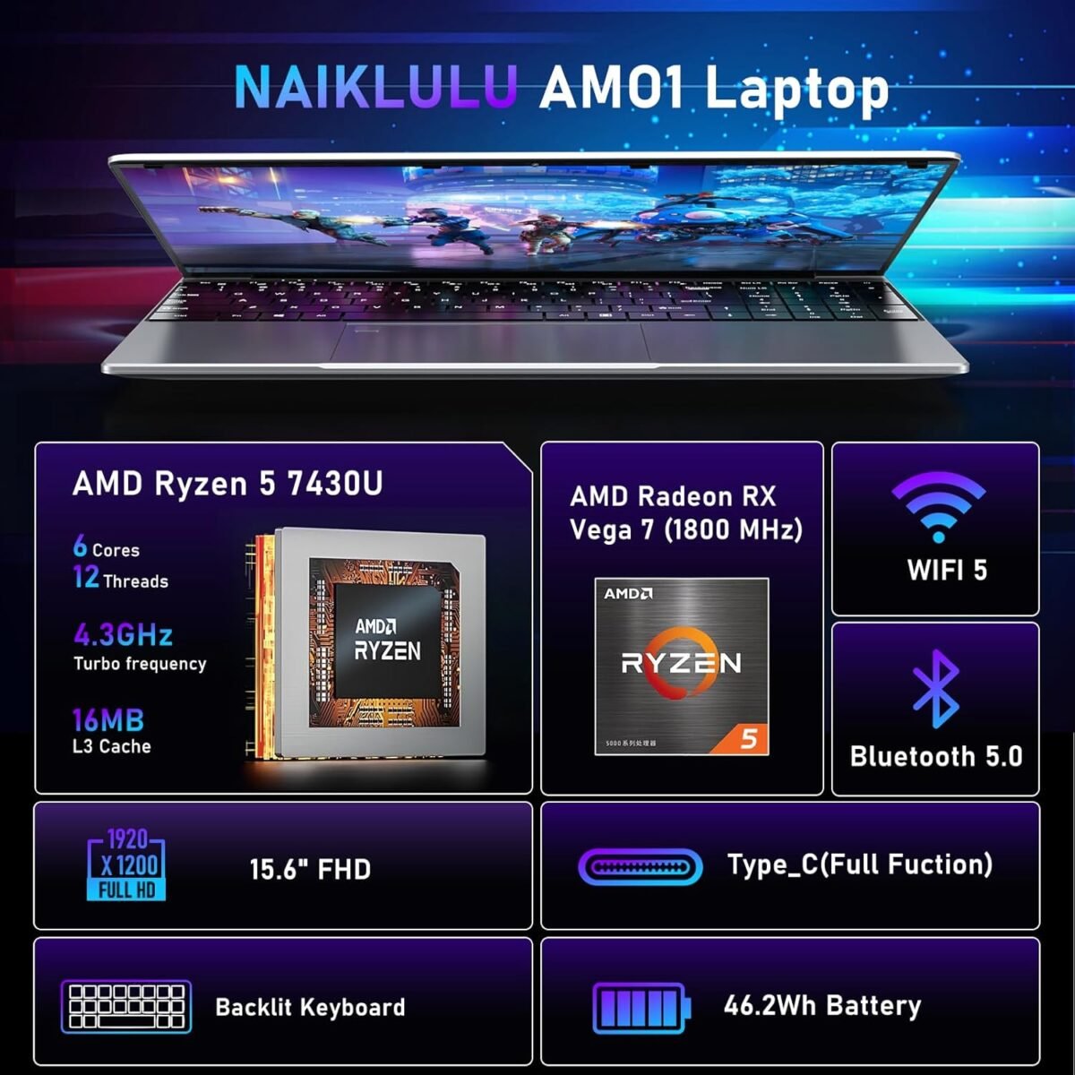 NAIKLULU computadora portátil para juegos 156 pulgadas 16 GB RAM 1 TB SSD procesador AMD Ryzen 5 7430U 6C12T hasta 43 GHz gráficos AMD Radeon visualización FHD 1920 Ma boutique